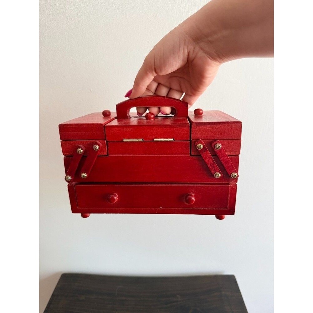 Vintage Red Wooden 2 Tier Cantilever/Accordion Sewing Kit w/feet includes thread